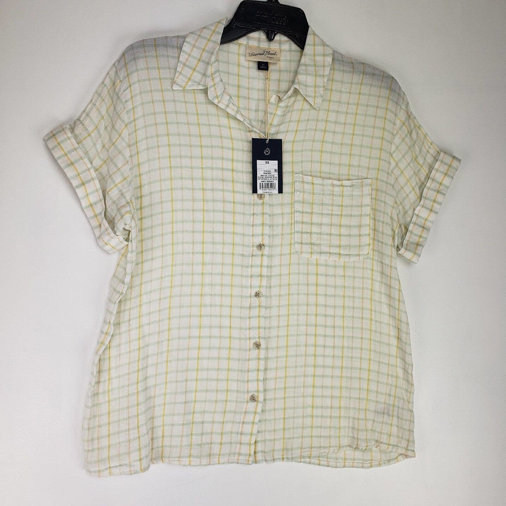NWT Universal Thread Shirt Womens XS Green Yellow White Plaid Preppy Cottagecore